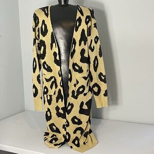 Leopard Print Open Cardigan Long Womens Size Med Wool Blend Soft Comfort Tan/Blk